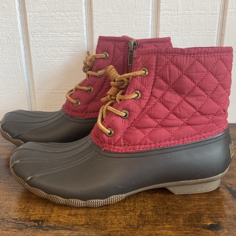 Sperry Saltwater Quilted Duck Boots Red Brown Rubber/Nylon Rain Boots Waterproof - Picture 3 of 11